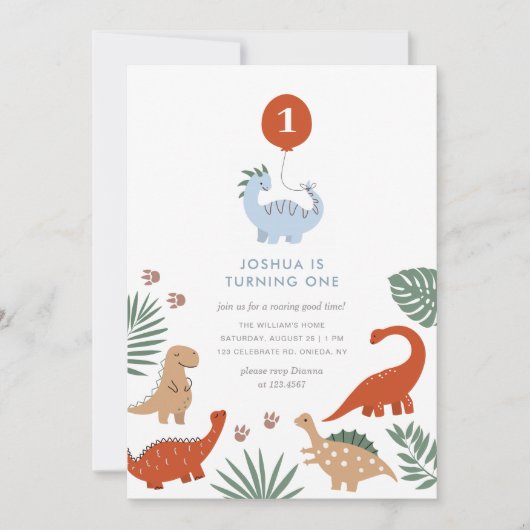 Dinosaur 1st Birthday Party Invitation Kaart (Voorkant)