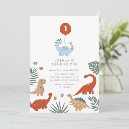 Dinosaur 1st Birthday Party Invitation Kaart (Staand voorkant)