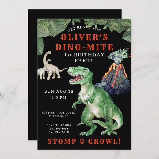 Dinosaur 1st Birthday Party Invitation Kaart (Voorkant / Achterkant)