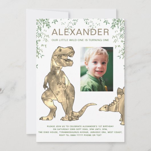 Dinosaur 1st Birthday Party Photo Invitation Kaart (Voorkant)