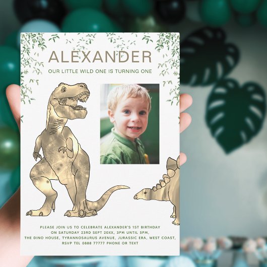 Dinosaur 1st Birthday Party Photo Invitation Kaart