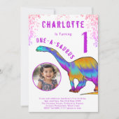 Dinosaur 1st Birthday Party Roze Foto Kaart (Voorkant)