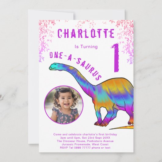 Dinosaur 1st Birthday Party Roze Foto Kaart (Voorkant)