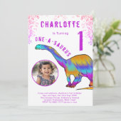 Dinosaur 1st Birthday Party Roze Foto Kaart (Staand voorkant)
