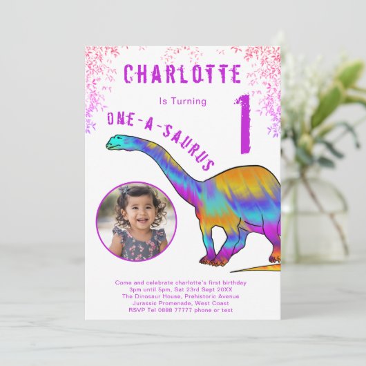 Dinosaur 1st Birthday Party Roze Foto Kaart (Staand voorkant)