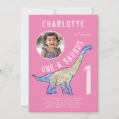 Dinosaur 1st Birthday Party Roze Foto Kaart (Voorkant)