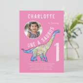 Dinosaur 1st Birthday Party Roze Foto Kaart (Staand voorkant)