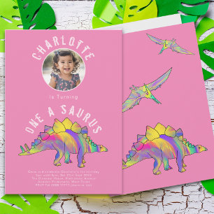 Dinosaur 1st Birthday Party Roze Kaart