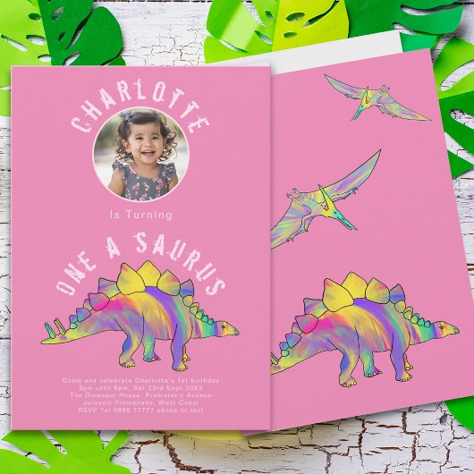 Dinosaur 1st Birthday Party Roze Kaart