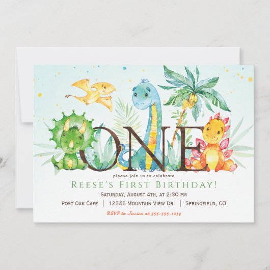 Dinosaur 1st Birthday Uitnodiging (Voorkant)