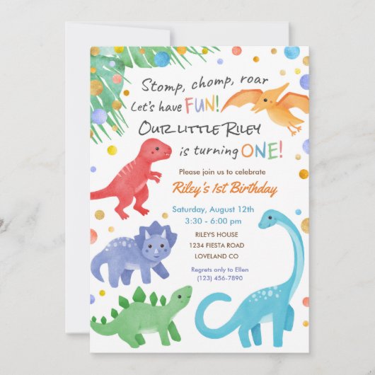 Dinosaur 1st Birthday Uitnodiging Colorful Cute (Voorkant)