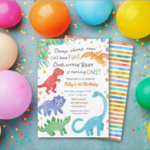 Dinosaur 1st Birthday Uitnodiging Colorful Cute