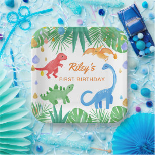 Dinosaur 1st Birthday Uitnodiging Colorful Cute Papieren Bordje