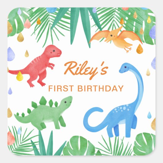 Dinosaur 1st Birthday Uitnodiging Colorful Cute Vierkante Sticker (Voorkant)