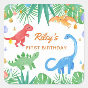 Dinosaur 1st Birthday Uitnodiging Colorful Cute Vierkante Sticker
