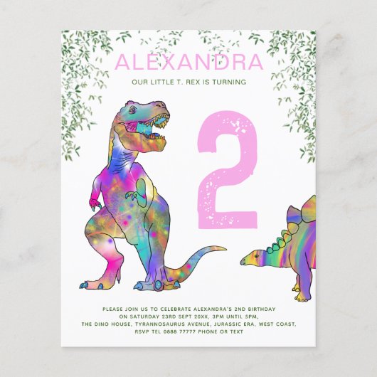 Dinosaur 2e Birthday Party budget Uitnodiging roze Flyer (Voorkant)