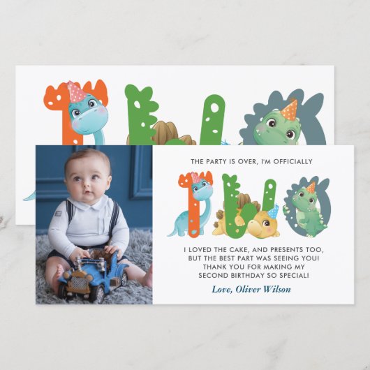 Dinosaur 2e verjaardag Hartelijk dank Bedankkaart (Voorkant / Achterkant)