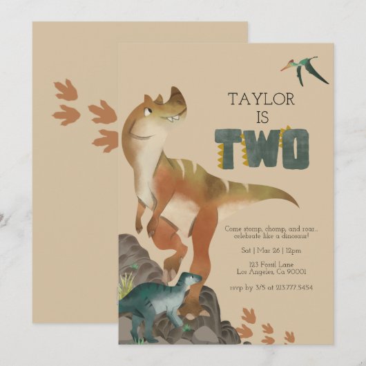 Dinosaur 2e verjaardag Uitnodiging (Voorkant / Achterkant)