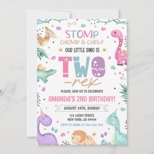 Dinosaur 2e verjaardag uitnodiging meisje dinosaur (Voorkant)