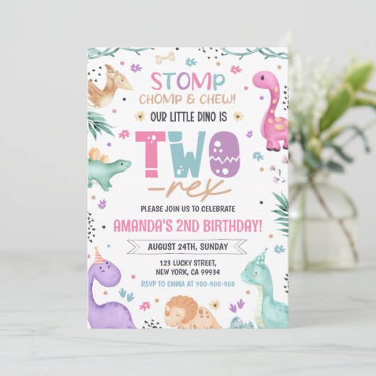 Dinosaur 2e verjaardag uitnodiging meisje dinosaur (Staand voorkant)