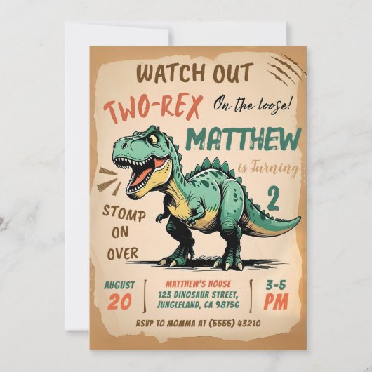 Dinosaur 2e verjaardag uitnodiging, twee Rex verja Kaart (Voorkant)