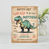 Dinosaur 2e verjaardag uitnodiging, twee Rex verja Kaart (Staand voorkant)