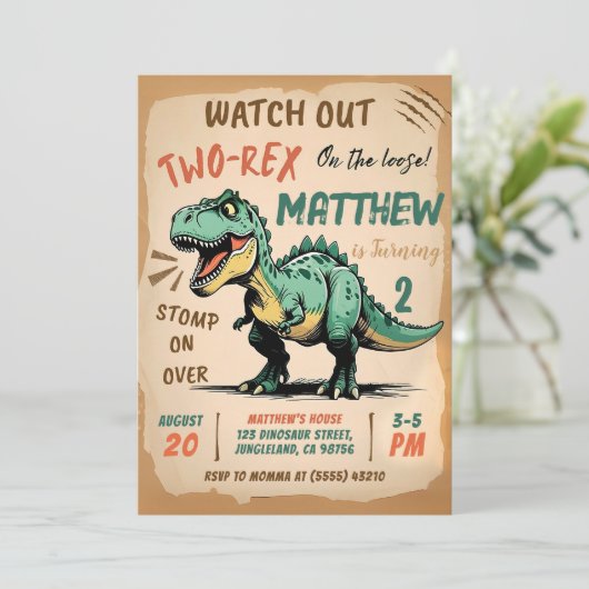 Dinosaur 2e verjaardag uitnodiging, twee Rex verja Kaart (Staand voorkant)