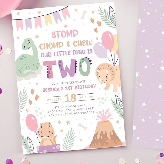 Dinosaur 2e verjaardag uitnodigingen meisje. Schat