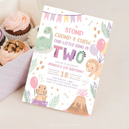 Dinosaur 2nd Birthday Invitations Girl. Cute Baby  Kaart