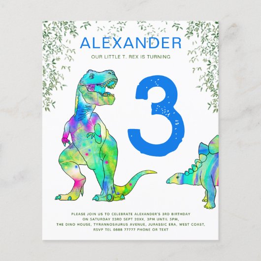 Dinosaur 3e verjaardag: blauw budget flyer (Voorkant)
