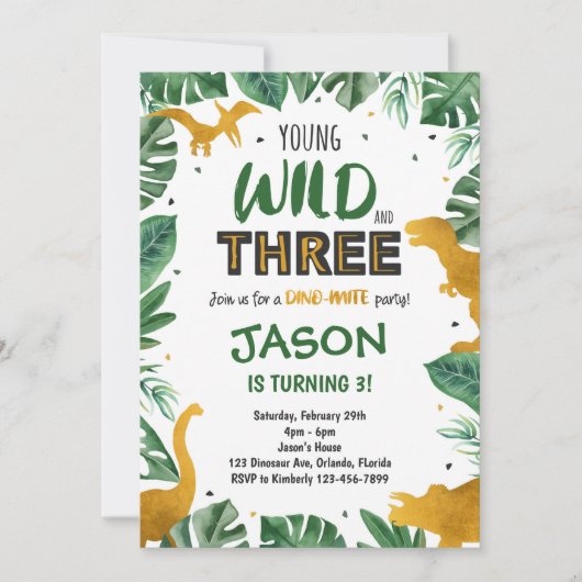 Dinosaur 3rd Birthday Invitation, Dinosaur Invites Kaart (Voorkant)