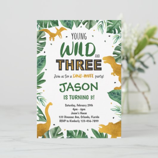 Dinosaur 3rd Birthday Invitation, Dinosaur Invites Kaart (Staand voorkant)