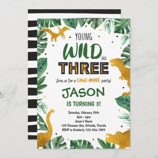 Dinosaur 3rd Birthday Invitation, Dinosaur Invites Kaart (Voorkant / Achterkant)