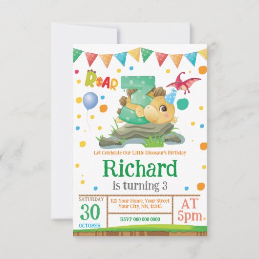 Dinosaur 3rd Birthday Invitation Kaart (Voorkant)