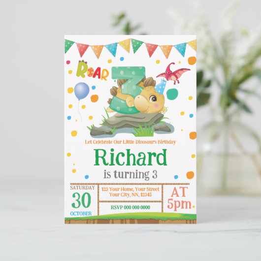 Dinosaur 3rd Birthday Invitation Kaart (Staand voorkant)