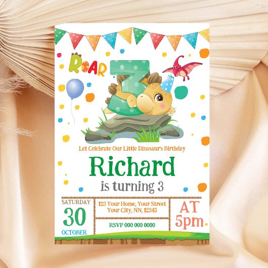 Dinosaur 3rd Birthday Invitation Kaart