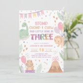 Dinosaur 3rd Birthday Invitations Girl. Cute Baby  Kaart (Staand voorkant)