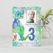 Dinosaur 3rd Birthday Party Photo Blue Kaart (Staand voorkant)