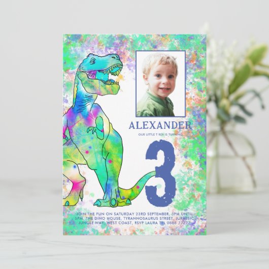 Dinosaur 3rd Birthday Party Photo Blue Kaart (Staand voorkant)