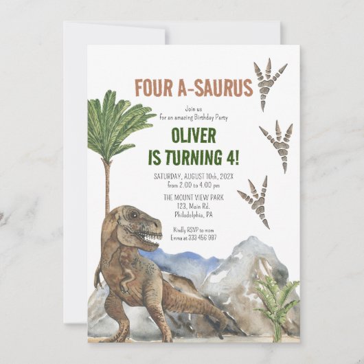 Dinosaur 4e verjaardagsfeest uitnodiging (Voorkant)