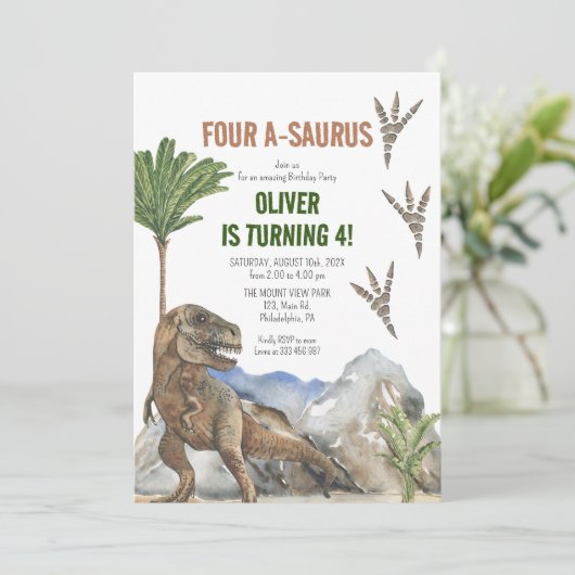 Dinosaur 4e verjaardagsfeest uitnodiging (Staand voorkant)