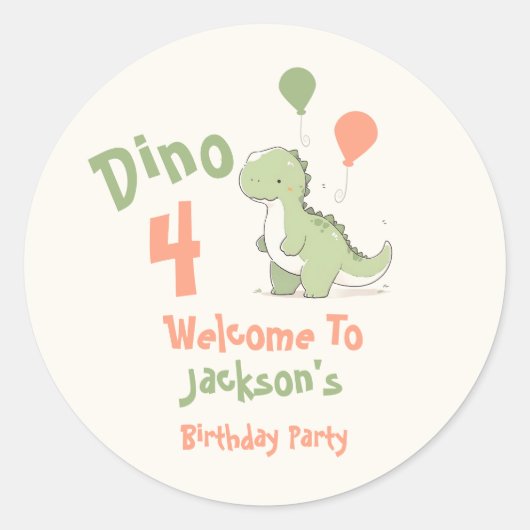 Dinosaur 4e verjaardagsfeest welkom ronde sticker (Voorkant)