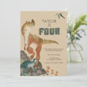 Dinosaur 4th Birthday Invitation Kaart (Staand voorkant)
