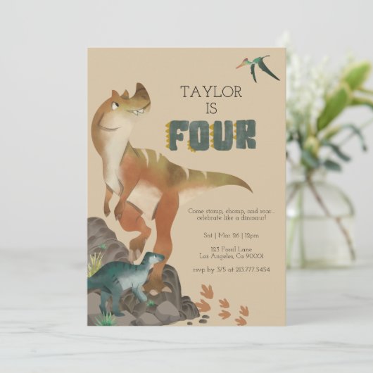 Dinosaur 4th Birthday Invitation Kaart (Staand voorkant)