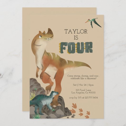 Dinosaur 4th Birthday Invitation Kaart (Voorkant / Achterkant)