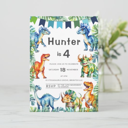 Dinosaur 4th Birthday Kaart (Staand voorkant)