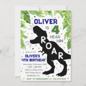 Dinosaur 4th Birthday, Vier Hear Him Roar Invite Kaart (Voorkant)