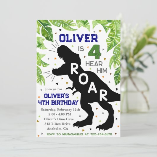 Dinosaur 4th Birthday, Vier Hear Him Roar Invite Kaart (Staand voorkant)
