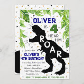 Dinosaur 4th Birthday, Vier Hear Him Roar Invite Kaart (Voorkant / Achterkant)