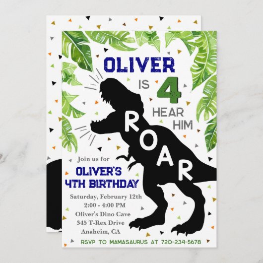 Dinosaur 4th Birthday, Vier Hear Him Roar Invite Kaart (Voorkant / Achterkant)